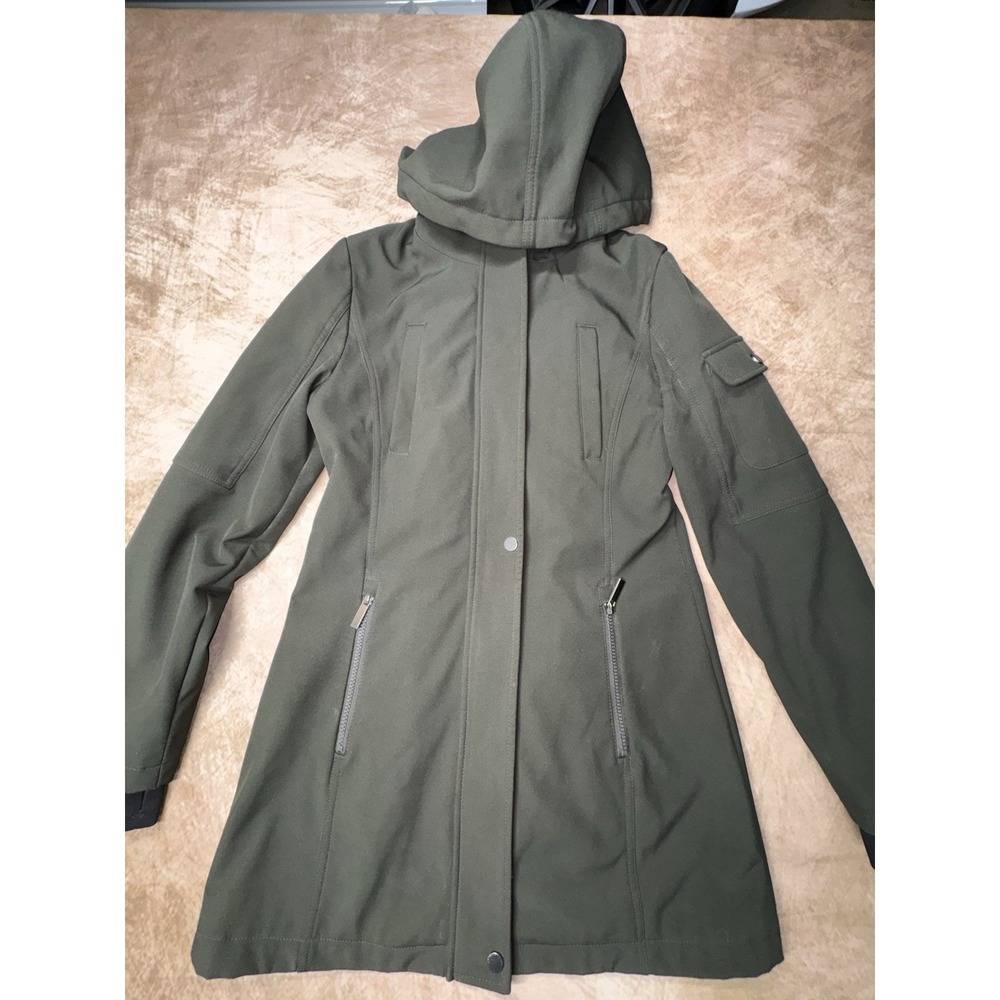 French Connection Womens Hooded Soft Shell Lined green Jacket Size XS Thumb Cuff